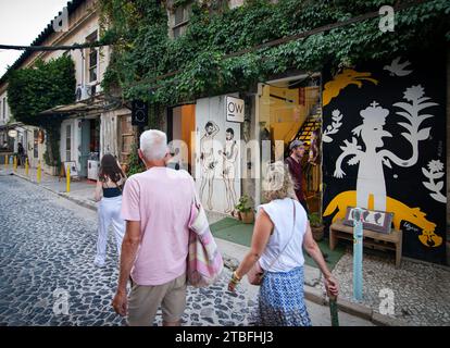 LX Factory, Lisbon, Portugal.  Art outside a natural clothing shop inside the LX Factory, a refurbished 23,000 square-meter industrial park that has become a hub of art, multimedia, music shops, food and entertainment 3k (1.8 miles) west of the Lisbon city center. Stock Photo