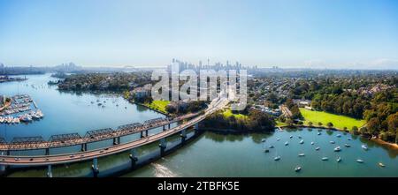 Victoria road motorway in Inner West of Sydney city at Rozelle - aerial ...