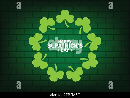 Happy St. Patrick's Day. Greeting card with shamrock frame on brick wall background. Vector illustration. Stock Vector