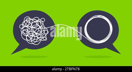 Psychologist consulting or mental problem solving brainstorm concept. Two speech bubbles conversation icons with line scribbles. Coach, mentoring psyc Stock Vector