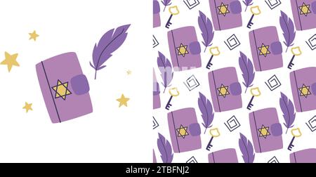 Spell book and feather seamless pattern. Magic letters for witchcraft background. Witch print for textiles, packaging and object design, vector Stock Vector