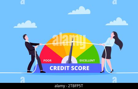 Man and woman pushes credit score arrow gauge speedometer indicator color levels. Measurement from poor to excellent rating for credit or mortgage loa Stock Vector