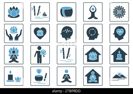 meditation icon set. lotus flower, yoga, meditation, mandala, zen garden, mental, etc. solid icon style design. simple vector design editable Stock Vector