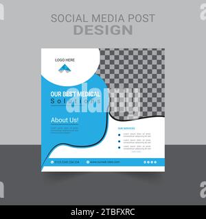 Medical social media post template. Modern banner design with blue color ribbon decoration and place for the photo. Suitable for social media story. Stock Vector