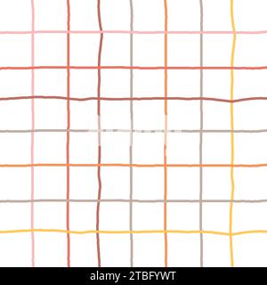 Doodle Gingham Check Plaid Vector Pattern. Vertical and horizontal hand drawn crossing yellow red pink grey, orange, brown, purple stripes. Chequered Stock Vector