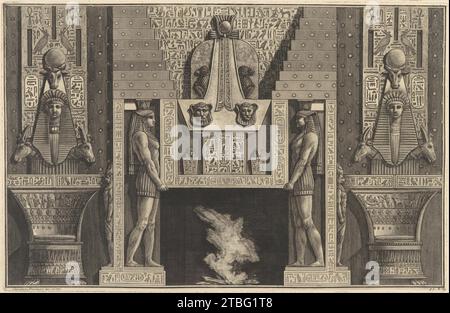 Chimneypiece in the Egyptian style: Giant figures supporting the lintel, flanked by chairs, from 'Diverse Maniere d'adornare i cammini...' (Diverse Ways of ornamenting chimneypieces...) 1941 by Giovanni Battista Piranesi Stock Photo