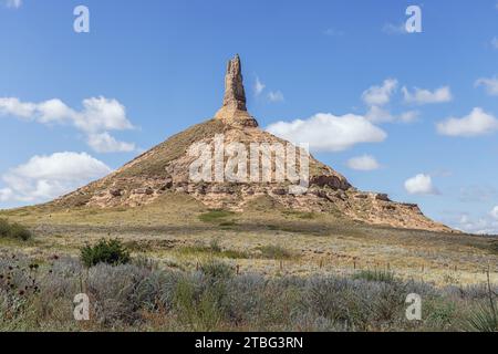 Chimney Rock seen from the east, a geological rock formation in the North Platte River valley Stock Photo