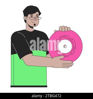 Happy arab man presenting vinyl record 2D linear cartoon character Stock Vector