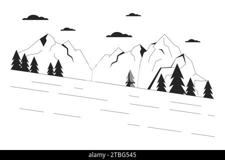 Ski slope beside mountain forest black and white cartoon flat illustration Stock Vector