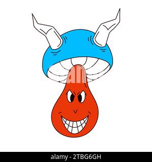Psychedelic mushroom character with horns in groovy style. Patches, pins, stamps, stickers template. Vector illustration isolated on a white Stock Vector