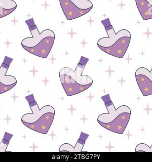 Magic potion seamless pattern. Love elixir background. Heart shaped bottle print. Alchemy and medicine liquid for textile, paper, packaging, vector Stock Vector