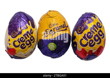 Cadbury creme egg mixed classic, white & caramel creme eggs Cadburys isolated on white background Stock Photo