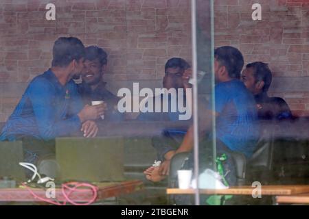 Bangladeshi Players spend idle time at dressing room on the second day of the 2nd Test match against New Zealand at the Sher-e-Bangla National Cricket Stock Photo