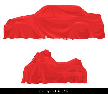 Car and motorcycle hiding under exhibition drapery Stock Vector