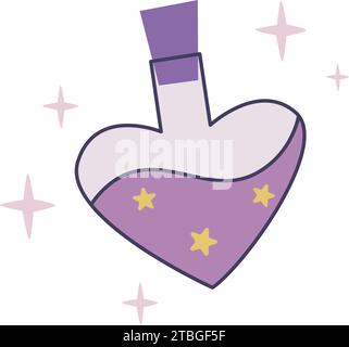 Magic potion clip art. Love elixir hand drawn simple symbol. Bottles with liquid in shape of heart. Alchemical and medical liquid, isolated vector Stock Vector