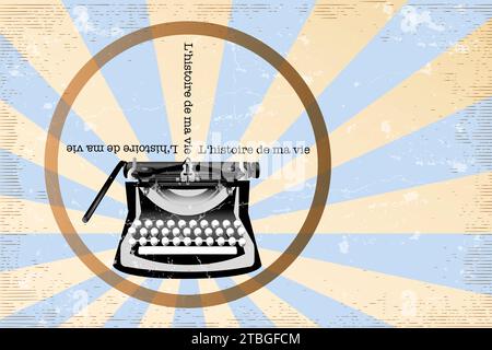 The story of my life - Retro typewriter on grungy background in light blue and gold and white Stock Photo