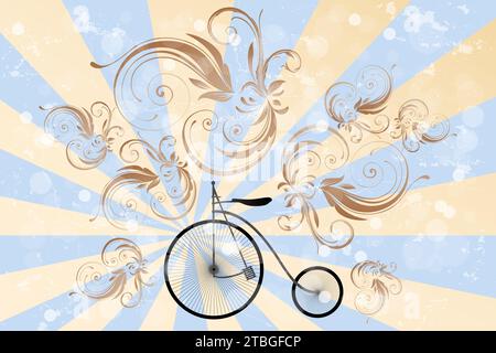 Ride your bike - retro journey with vintage bike, design elements, grunge and bubbles on stripes in blue and beige Stock Photo