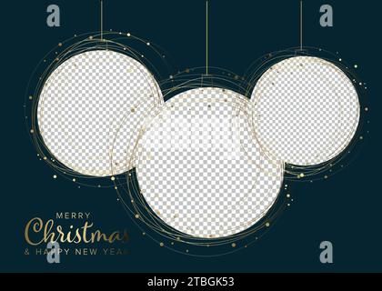 Three circle Christmas decorations photo frame dark layout template with place for your three family photos. Simple layout template for your christmas Stock Vector