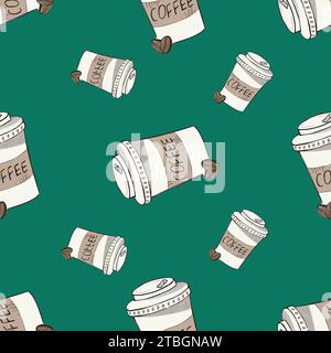Seamless pattern with takeaway paper coffee cups  on green background. For wrapping paper, wallpaper, textile. Vector illustration Stock Vector