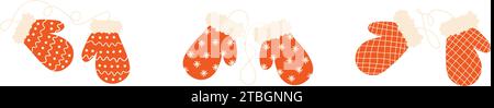 Set of red Christmas mittens with ornament and rope. Traditional winter clothes, knit mittens for cold season. Isolated. Vector illustration Stock Vector