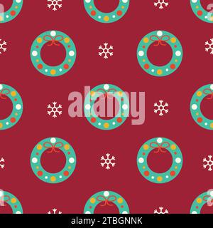 Christmas wreath seamless pattern. New year texture for print, wrapping paper, design, fabric, decor, gift. Trendy modern holiday print.Vector illustr Stock Vector