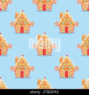 Seamless pattern with gingerbread house shaped gingerbread cookies with decorations. Christmas sweets and treats.Print design for textile, fabric, wra Stock Vector