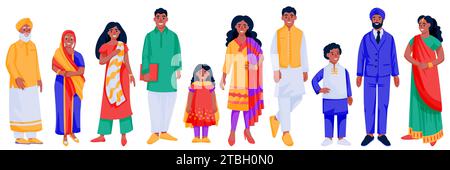 Indian people in traditional clothing set. Vector flat cartoon characters illustration. Family, kids, seniors, men in suits and women in colorful beau Stock Vector