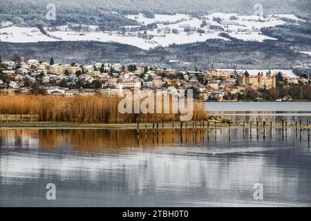 Winter on the city and castle of Grandson at the foot of jura mountain, and reeds on Neuchâtel lake, Switzerland Stock Photo