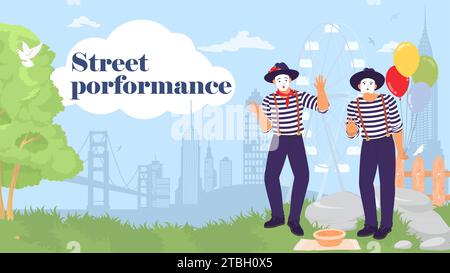 Street mime comedian performance landing page design template Stock Vector