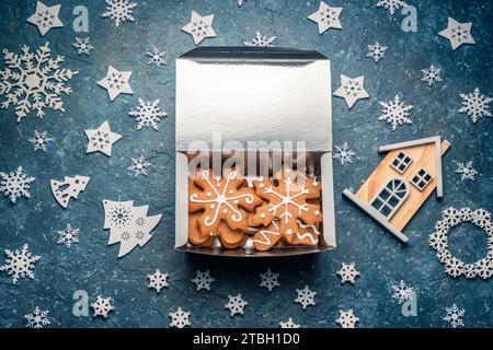 Christmas cookies with icing decoration isolated on white background, holidays winter biscuits Stock Photo