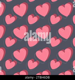 Pink love hearts seamless gray background illustration. Cute romantic pink hearts background print. Valentines Day holiday background texture, romanti Stock Vector