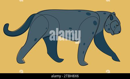 Panther illustration. Blue colored one line art on yellow background Stock Vector