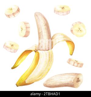 A set of edible peeled sliced yellow fruit banana. Watercolor illustration isolated on white. For clip art cards menu Stock Photo