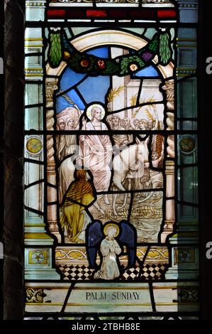 Palm Sunday with Triumphal Entry of Jesus Christ Entering Jerusalem on a Donkey. Stained glass Window in the Cloisters Chester Cathedral Stock Photo