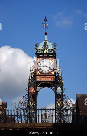 The Historic Wrought Iron Eastgate Clock (1899) built to Commemorate the Diamond Jubilee of Queen Victoria on Eastgate Street Chester England UK Stock Photo