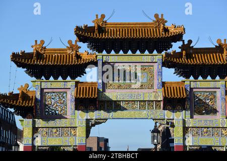Chinese Arch, Archway, Ornamental Gate, Gateway or Entrance, known as a Paifang or Pailou, built 1999-2000, to Chinatown on Nelson Street Liverpool Stock Photo