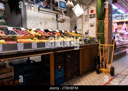 San Sebastian, Spain - 29 June, 2023: Local produce and products on display for sale in the traditional local market building in the centre of Old Tow Stock Photo