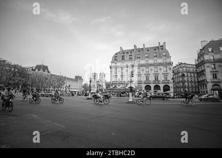 Paris, France - October 8, 2023 : Panoramic view of the Place Saint Michel and the Cathedral Notre Dame in the background Stock Photo