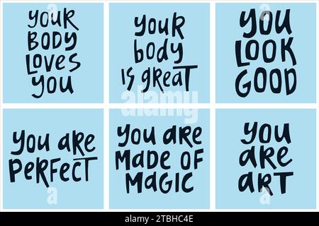 Set of hand-drawn quotes about body positive. Creative lettering illustrations for posters, cards, etc. Stock Vector