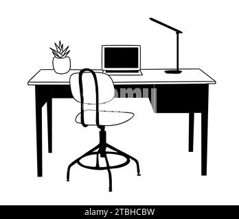 Work Place with desk, office chair laptop computer Stock Vector