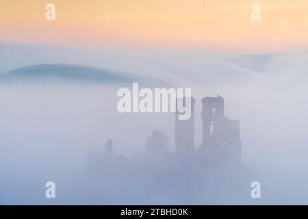 The ruins of Corfe Castle emerging from mist at dawn, Corfe Castle, Dorset, England.  Winter (February) 2023. Stock Photo
