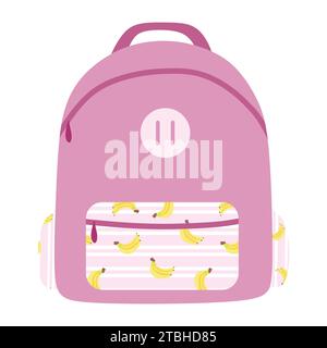 Pink backpack with Banana print on pocket. Cartoon Vector Flat style isolated illustration. School Bag for Books. Study concept. Design element for Ba Stock Vector