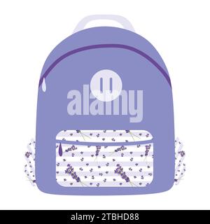 Lavender backpack with Floral print on Pockets. Colorful schoolbag for textbooks, copybooks and ruler. Hand drawn vector illustration isolated on whit Stock Vector
