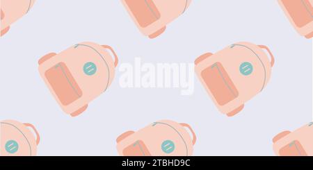 Seamless pattern of school backpacks, school bags in cartoon flat style. Colorful travel or Sport bags on Violet background. Vector illustration, Temp Stock Vector