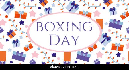 Boxing Day Sale Seamless Pattern with Lettering. Design Gift Box and Garland, Festive Background for Promotion or Shopping on Template. Hand Drawn Car Stock Vector