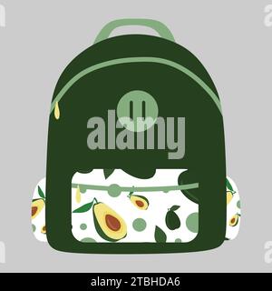 Vector illustration of Green Backpack with Avocado pattern. Green School bag isolated on white background. Flat style Cartoon Design element, College Stock Vector