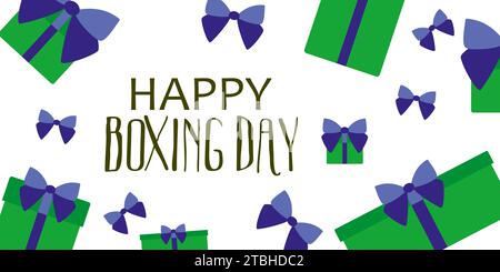 Happy boxing day Banner. Vector illustration with Trendy color gift boxes with bows and lettering phrase. Flat style Poster for Website. December Holi Stock Vector