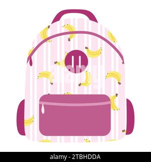Pink backpack with banana print cartoon style. Flat Vector Accessory illustration. Kids or Girls school bag for Studying, Travelling. Design element f Stock Vector