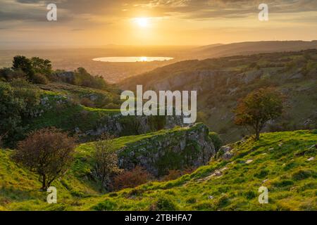 Sunset over the Mendip Hills at Cheddar Gorge, Somerset, England.  Autumn (September) 2023. Stock Photo