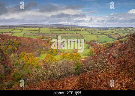 Exmoor's rolling countryside from The Punchbowl on Winsford Hill, Somerset, England.  Autumn (October) 2023. Stock Photo